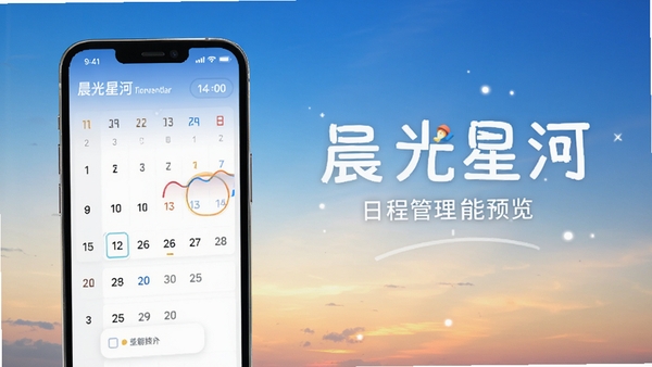 晨光星河智能日程管理功能预览图，展示手机屏幕上清晰的日历视图与任务列表，背景有晨光星河字样，画面明亮简洁，突出时间管理主题