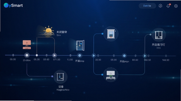 HeySmart的场景联动设置页面可视化展示，画面显示时间轴与设备动作流程，如日落时关闭窗帘、开启客厅灯，背景为深蓝色科技感渐变，节点连线清晰，图标简洁，界面直观，细节丰富。