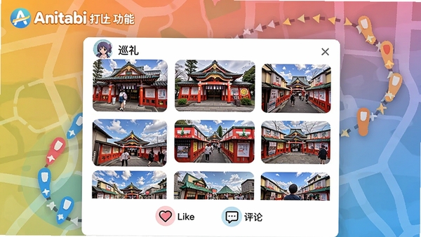 Anitabi社区打卡功能界面，展示用户上传的巡礼照片墙，照片为动漫取景地实拍，带有滤镜效果，下方显示点赞和评论图标，背景有地图足迹轨迹，整体设计活泼，色彩明快，包含Anitabi社区标识
