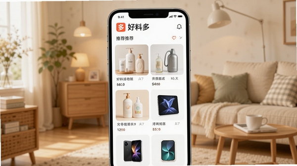 好料多APP主界面展示,手机屏幕内清晰显示“好料多”logo和推荐商品瀑布流,背景为温馨的居家购物场景,暖色调,商品图片清晰,包括日用品和数码产品,画面明亮,细节丰富,适配移动端竖屏展示