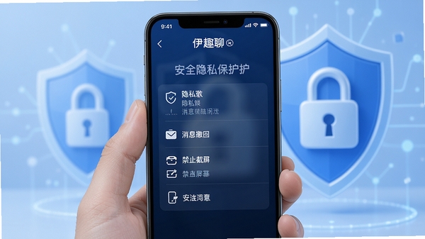 展示伊趣聊安全隐私保护功能，手机屏幕显示隐私设置选项，如消息撤回、禁止截屏等，背景为盾牌或锁的图标，色调偏蓝冷静，突出安全可靠的感觉。