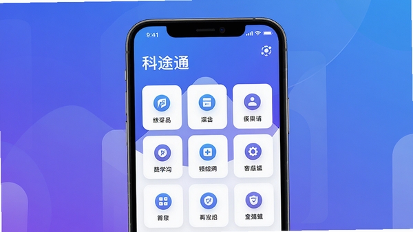 科途通主界面预览图，展示其简洁的首页布局与功能图标矩阵，背景为渐变蓝紫色，整体风格现代且明亮，前景聚焦于手机屏幕内的应用界面，细节丰富，画质高清。