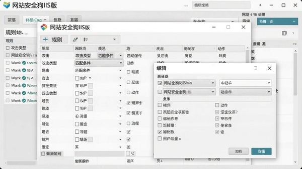 网站安全狗IIS版防火墙规则配置界面,展示规则列表与编辑弹窗,包含攻击类型、匹配条件、动作等选项,背景为浅灰色管理面板,突出软件名称网站安全狗IIS版,画面主体为规则编辑窗口,细节显示下拉菜单与复选框,风格写实,清晰明亮。