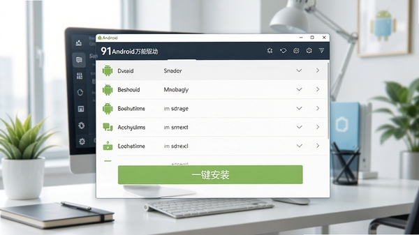 91Android万能驱动主界面预览图,展示其简洁明了的驱动列表与一键安装按钮,背景为现代办公桌面环境,色彩明亮清晰
