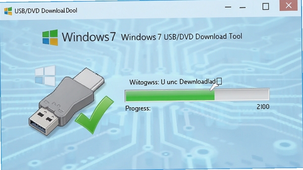 Windows7 USB/DVD Download Tool制作U盘启动盘的过程示意图,界面显示进度条正在写入文件,U盘图标旁边有绿色对勾,背景为淡蓝色科技感风格,突出高效与稳定特性