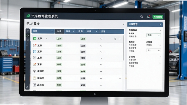 汽车维修管理系统主界面截图，展示简洁的工单列表和车辆信息管理面板，背景为现代汽修车间，电脑屏幕显示系统界面，画面清晰明亮