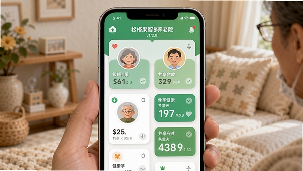 松椿果智慧养老院v1.2.0版本新增的家庭守护圈功能界面预览,手机屏幕上显示多个家庭成员头像和共享的健康数据卡片,界面风格温馨,采用卡片式布局,色彩明快,扁平化设计风格,带有绿色主色调。