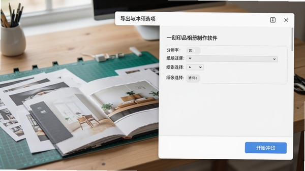 一刻印品相册制作软件的导出与冲印选项界面，展示分辨率设置和纸张选择下拉菜单，背景为工作台上有打印样张和一本成品相册，界面右下角有“开始冲印”按钮，整体氛围专业且整洁