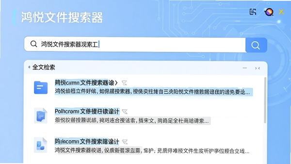 展示鸿悦文件搜索器进行全文检索时的预览界面,搜索框内输入关键词,下方列表展示包含关键词的多个文档文件及其摘要片段,界面高亮显示匹配文字,背景为淡蓝色科技感风格,突出软件名称与智能检索功能