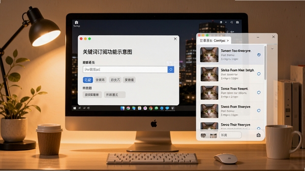 猫眼看天下关键词订阅功能示意图，电脑桌面显示一个设置窗口，内有输入框和标签，旁边有列表展示匹配的文章，背景为暖色系灯光，桌面整洁，画面突出订阅管理的便利性
