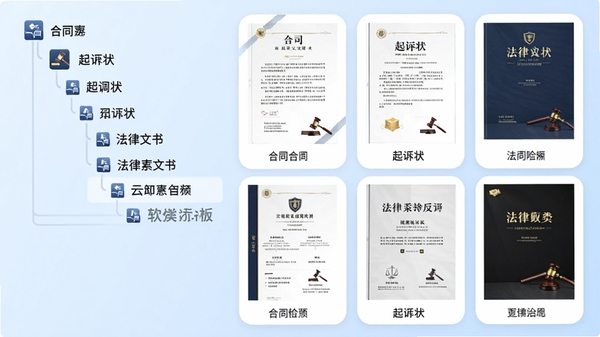 法律文书大全软件模板分类展示图，画面左侧为分类树状列表，右侧为模板预览卡片，包含合同、起诉状等封面缩略图，背景为淡蓝色渐变，图标清晰，整体风格简洁专业