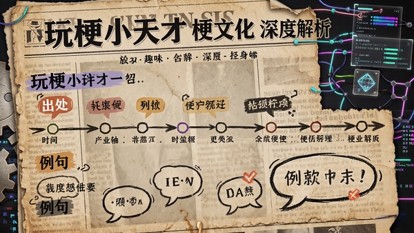 玩梗小天才梗文化深度解析页面,展示一个梗的详细百科式介绍,包含时间轴、出处标签、例句气泡,背景为复古报纸纹理与现代网络元素结合,体现深度与趣味