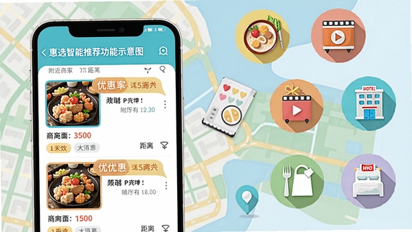惠选智能推荐功能示意图，手机屏幕显示附近商家列表，带有优惠标签和距离标识，背景为地图与美食、电影、酒店等图标元素，色调明亮活泼