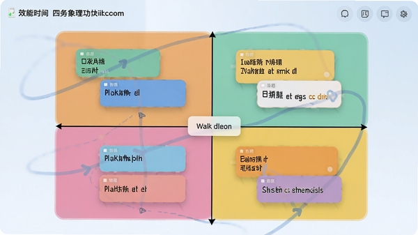 效能时间管理四象限任务看板功能截图,画面中央为十字坐标轴划分的四个彩色区域,每个区域悬浮着不同颜色的任务卡片,背景为柔和的蓝白渐变,突出任务分类与拖拽操作感