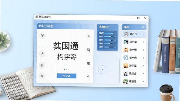 新华打字通主界面预览,展示打字练习区域、速度统计面板和课程列表,画面清晰明亮,背景为淡蓝色渐变,软件窗口居中显示,周围有键盘和书本等学习元素,整体风格简洁现代