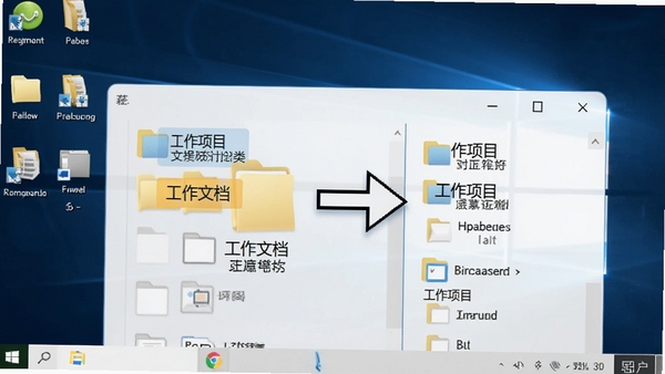 展示用户自定义创建分类文件夹的操作过程，鼠标拖拽一个名为“工作文档”的文件夹到袖子文件收藏夹的“工作项目”分类下，界面高亮显示分类标签，背景为带有图标的Windows桌面。