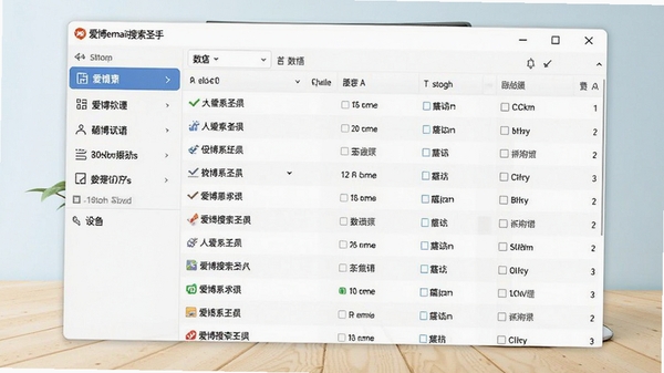 爱博email搜索圣手主界面截图，展示软件启动后的主窗口布局，左侧为功能导航区，右侧为数据展示列表，背景为浅色桌面，整体风格简洁明亮，软件名称显示在窗口标题栏