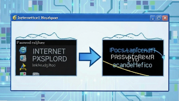 Internet Explorer Password Revealer功能示意图，展示密码从隐藏到显示的过程，界面设计直观，配以清晰的箭头指示，背景为淡蓝色科技感风格