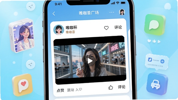 唯咖荟动态广场功能展示,手机屏幕内展示图文与视频混合的信息流卡片,卡片上有用户头像、昵称及点赞评论图标,背景为明亮清新的社交界面元素,强调内容丰富性与视觉活力,整体风格明亮且具有现代感。