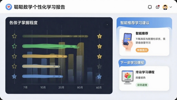 聪聪数学个性化学习报告界面，图表展示孩子各知识点的掌握程度星级，右侧有智能推荐的学习建议和下一步学习课程卡片，界面清晰直观，体现智能化辅导功能