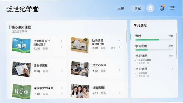泛世纪学堂软件主界面截图，展示课程列表与学习进度面板，背景为淡蓝色渐变，整体风格简洁现代，突出软件名称与核心功能区域
