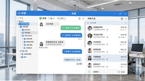 蚁傲即时通讯主界面预览图，展示清晰的聊天窗口布局、左侧组织架构树与中部会话列表，背景为现代商务办公环境，整体色调以简洁的蓝白为主，突出软件的专业感与清爽界面