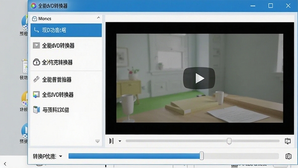 全能dvd转换器主界面预览图，展示软件整体布局，左侧为功能列表，右侧为视频预览窗口，下方为转换进度条，整体风格简洁明了，色彩以蓝白为主色调，背景为浅灰色桌面环境