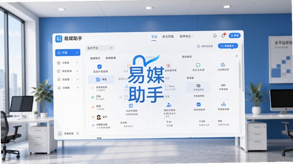 易媒助手主界面预览图，展示多平台账号管理面板，背景为现代简约的办公环境，色调以蓝白为主，画面中心突出软件Logo和功能列表，整体风格清晰明亮，适合软件介绍场景。