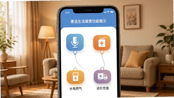 惠选生活缴费功能展示，手机界面显示水电燃气、话费充值等图标，背景为家庭生活场景，色调温馨，强调便捷与实用