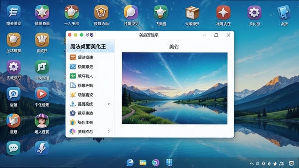 魔法桌面美化王主界面预览图，展示软件主体功能布局，背景为整洁的电脑桌面，图标排列整齐，壁纸为动态风景，画面中央是软件主窗口，左侧功能列表清晰可见，右侧为预览区域，整体风格明亮清晰，色彩丰富，突出软件的美化功能，高清渲染，细节丰富