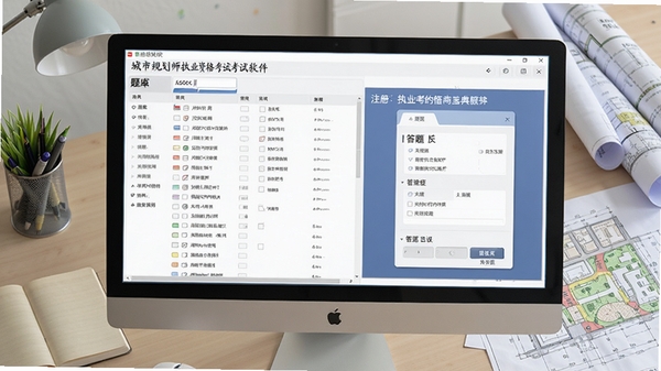 注册城市规划师执业资格考试宝典软件主界面预览图，展示电脑屏幕上的题库列表和答题卡界面，背景为整洁的书桌和城市规划图纸，画面清晰写实