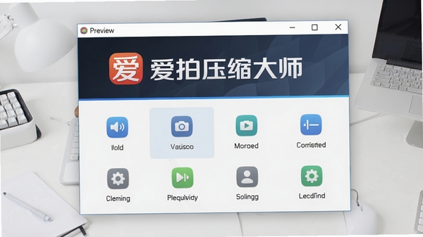 爱拍压缩大师主界面预览图，展示软件Logo与简洁的功能布局，背景为浅灰色桌面环境，图标清晰，画面干净明亮