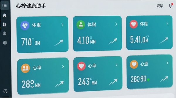心柠健康助手软件的数据看板功能特写,屏幕上以卡片形式整齐排列着体重、体脂、心率等数据模块,每个模块都有彩色图标和趋势箭头,界面背景为浅灰色,突出显示蓝绿色数据卡片,整体风格清晰易读,具有现代软件界面的设计感