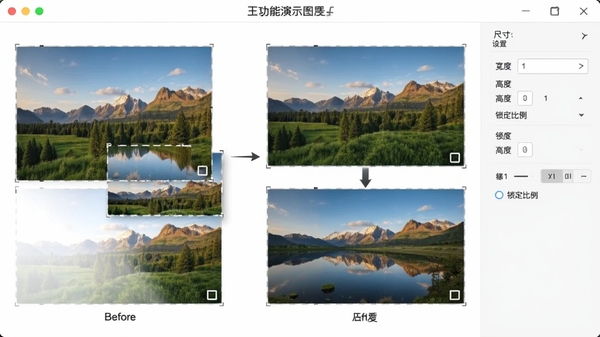图片批处理王功能演示图，展示多张不同尺寸的图片被统一调整到相同尺寸的过程，画面中有多张风景图片，尺寸调整前后的对比效果，界面显示尺寸设置面板，包括宽度、高度、锁定比例选项，风格清晰直观，色彩自然