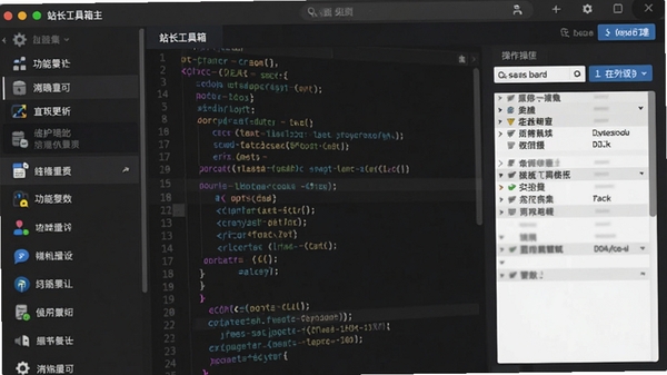 站长工具箱主界面截图，展示左侧功能列表与右侧操作面板，背景为深色代码风格，整体界面简洁现代，图标清晰，突出工具集的全面性与专业性