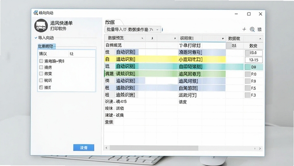 追风快递单打印软件批量导入订单数据的操作截图，左侧为导入向导，右侧为数据预览表格，高亮显示自动识别出的字段，界面简洁直观，背景为浅灰色桌面，突出软件窗口，画面清晰，比例16:9