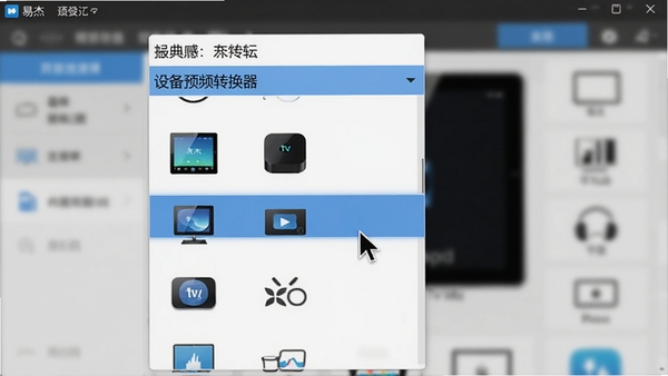 易杰android视频转换器设备预设选择界面截图,画面展示下拉菜单中罗列的各种主流设备型号图标,包括平板、电视盒子等,鼠标指针正悬停在某一选项上,背景为软件主界面的模糊效果,突出预设选择的便捷性与针对性。