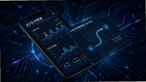 自在冲榜首智能策略辅助功能示意图,画面展示手机屏幕内部分析数据和策略路线图,背景为深色科技感线条,突出AI算法与高效决策的视觉氛围