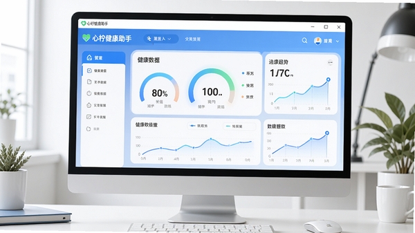 一款名为心柠健康助手的电脑软件界面预览图,界面设计现代简洁,主色调为清新的蓝白配色,屏幕中央显示健康数据的仪表盘和趋势图表,背景为整洁的办公桌面,软件窗口占据画面主体,光线明亮柔和,整体风格专业且具有科技感