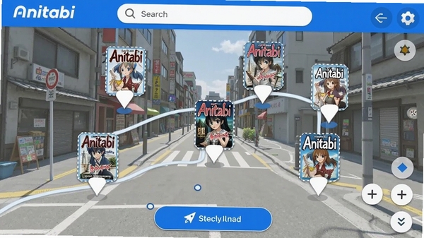 Anitabi地图导航功能界面，展示多个动漫取景地标记点，每个标记点带有作品封面缩略图，地图背景为写实风格街道，顶部有搜索栏，底部有路线规划按钮，整体界面简洁，色彩以蓝白为主，画面包含Anitabi品牌标识