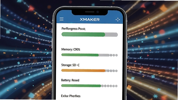 一幅XMAKER软件进行设备体检的模拟画面，智能手机屏幕上显示体检进度条和各项评分，包括内存、存储、电池等，背景有象征速度和性能的流线型光效，色彩鲜艳，充满科技感