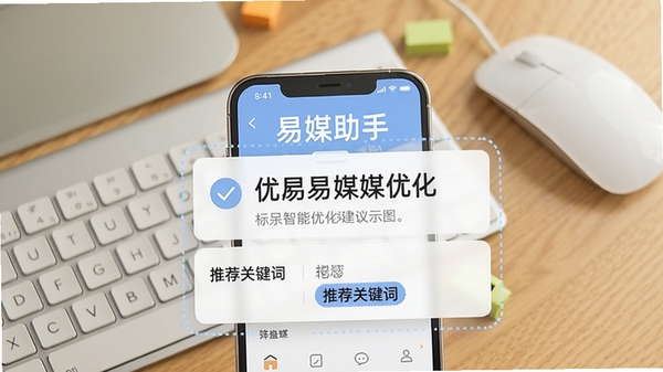 易媒助手智能优化建议示意图，画面展示手机界面弹出标题优化提示和推荐关键词，背景为键盘和鼠标的办公场景，色调明亮，突出智能辅助功能。