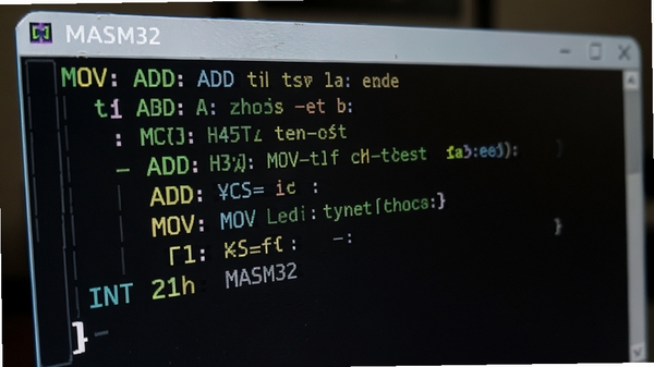 MASM32代码窗口特写，展示汇编指令如MOV、ADD、INT 21h等，语法高亮显示，背景为深色主题，画面聚焦代码细节，体现底层编程的精确与严谨