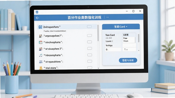 百分作业奥数强化训练主界面截图，电脑屏幕显示题目列表与答题卡，背景为浅蓝色学习场景，界面整洁清晰，风格现代扁平化