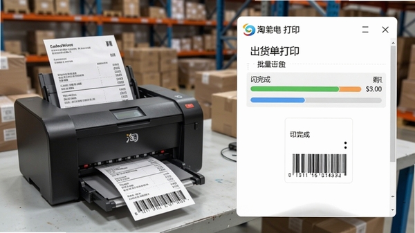 淘宝快递单出货单打印软件批量打印进度条界面，显示已完成和剩余数量，背景为仓库工作台，打印机正在出单