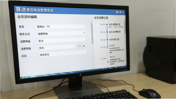 喜途美容美发管理系统会员资料编辑界面展示，画面一侧为会员详细信息表单，包含姓名、联系方式、消费等级等字段，另一侧为会员消费记录时间线，背景为电脑操作环境，图片风格写实清晰