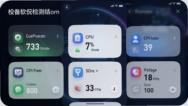 检师兄软件主界面预览图，展示手机设备信息检测结果，包含电池健康度、CPU使用率、存储空间等核心数据卡片，背景为深色科技感渐变，界面简洁现代，图标圆润，光线柔和，高清渲染，适合软件下载站头图展示