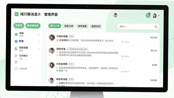 域行聊消息管理界面截图，展示清晰的消息分类标签与搜索框，背景为干净的白色与浅绿色点缀，突出功能性与条理性。