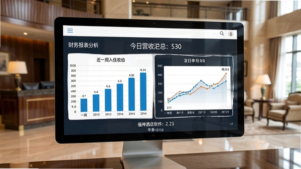 福神酒店软件财务报表分析页面，包含柱状图与折线图展示近一周入住率与收入趋势，屏幕上显示今日营收汇总数字，背景是酒店大堂一角