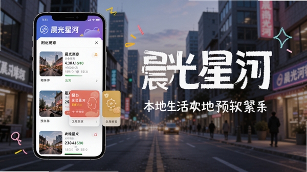 晨光星河本地生活资讯功能预览图，手机屏幕展示附近商家列表与优惠卡片，背景为城市街景，突出晨光星河软件名称，画面活泼现代